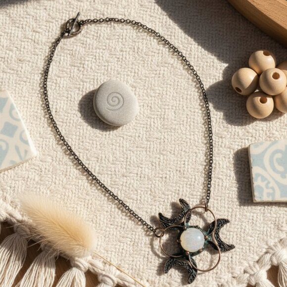 🆕️ Boho Chic Quartz Crescent Moon Bronze Finish Handcrafted Copper Necklace - Picture 5 of 11